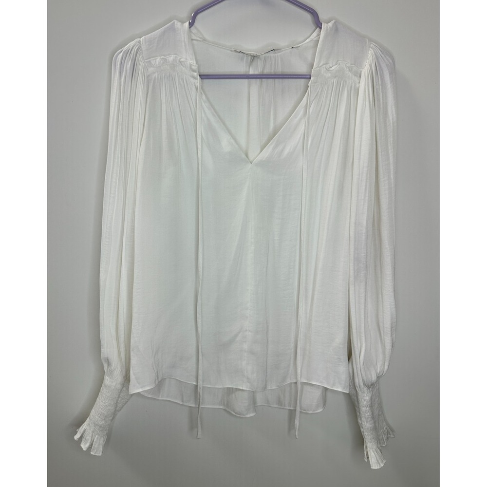 Rebecca Taylor Sateen Tie Neck Smocked Ruffle Cuff Blouse XS Off White Luxury - Picture 2 of 16